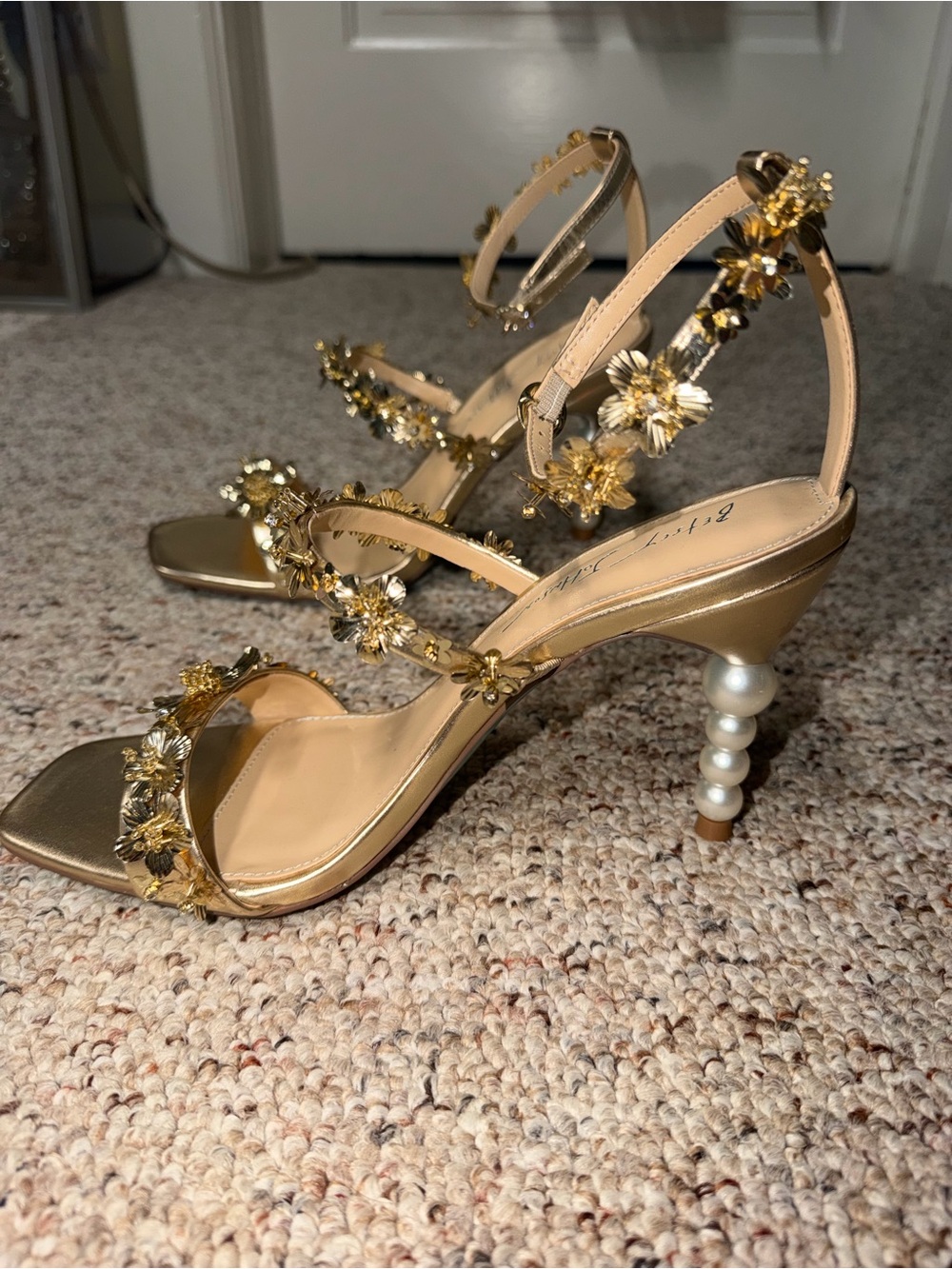 Betsey Johnson Metallic Gold Floral Pearl-Stack Heeled Sandals - Picture 4 of 6
